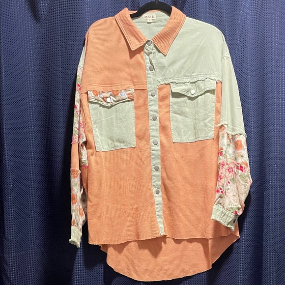 POL Tops - POL Green and Orange Colorblock Blouse